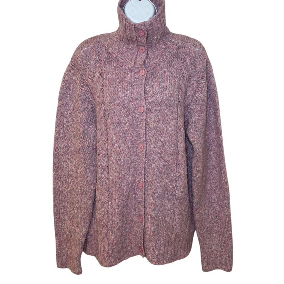 L.L.Bean Womens Large Cable Knit Cardigan Sweater Purple Button Up Wool Blend - Picture 1 of 8